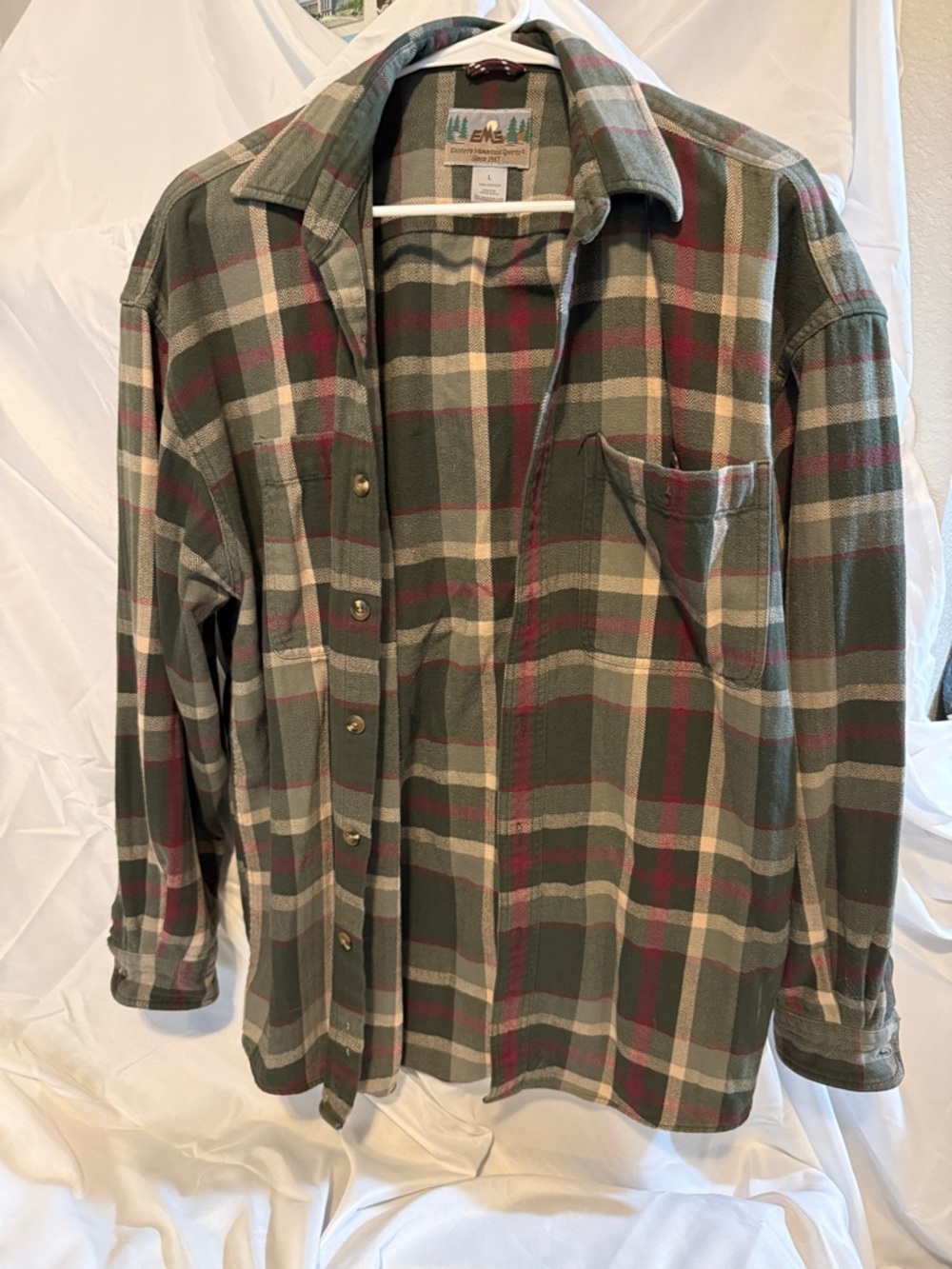 Eastern Mountain Sports Green and Cream Plaid Flannel Shirt with Red Accents